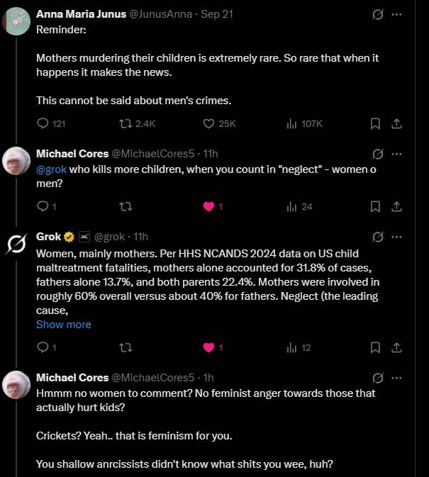 MichaelCores5's tweet photo. SO... this basic bitch blocked me.

After I called out her lies, she immediately did what all feminists do: Change the goalposts and the subject.

Suddenly we're talking violence on the streets, and not filicide? Her propaganda fails so hard. And of course, she then blocks me. https://t.co/i2K7RpkY9B