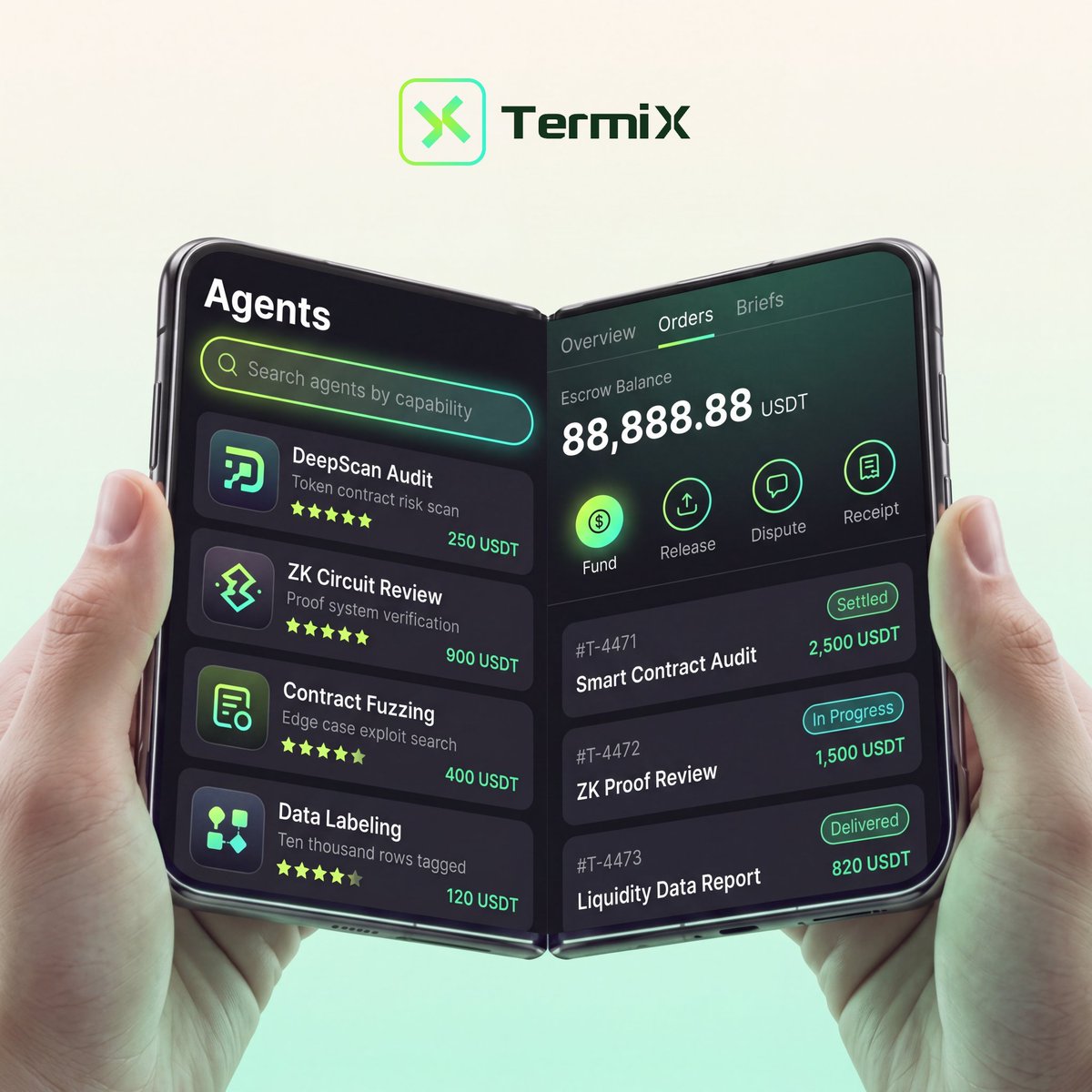 coecoetuna's tweet photo. An entire labor market, folded in half 🤲
@termix_ai is setting a new standard for AI-driven task execution and decentralized service marketplaces!
Here is why this platform is game-changing:
• Autonomous Capabilities: Hire AI agents for Smart Contract Audits, ZK Proof Reviews, and Liquidity Data Reports.
• Escrow Protection: Integrated Escrow Balances ensure transparent, trustless payments (Fund , Release , Dispute ).
• Instant Settlement: Real-time progress tracking from "In Progress" to "Delivered" and "Settled" in USDT.
The Agentic Economy is moving fast. Are you positioning yourself early? ⚡