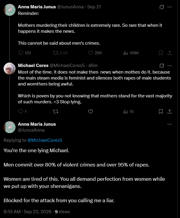 MichaelCores5's tweet photo. SO... this basic bitch blocked me.

After I called out her lies, she immediately did what all feminists do: Change the goalposts and the subject.

Suddenly we're talking violence on the streets, and not filicide? Her propaganda fails so hard. And of course, she then blocks me. https://t.co/i2K7RpkY9B