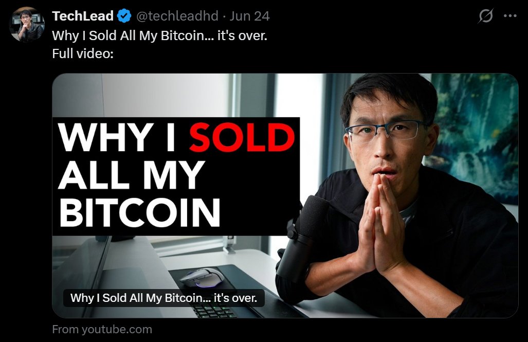 sunnydecree's tweet photo. This guy sold all his Bitcoin three months ago, when BTC was trading at $59,000. Imagine how bad his 1.5M subscribers must feel right now. https://t.co/ULgi0VDF8M