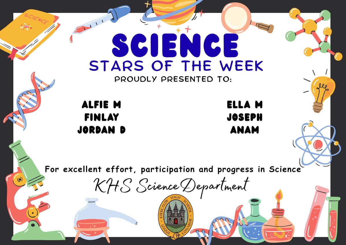 KirkcaldyHigh's tweet photo. #KHSScience Stars of the Week Proudly Presented to:
๐ Alfie M
๐ Finlay
๐ Jordan D
๐ Ella M
๐ Joseph
๐ Anam
For excellent effort, participation and progress in Science. KHS Science Department.๐งซ๐งช๐ญ
#Community #Ambition #Respect https://t.co/BiS5TYVRij