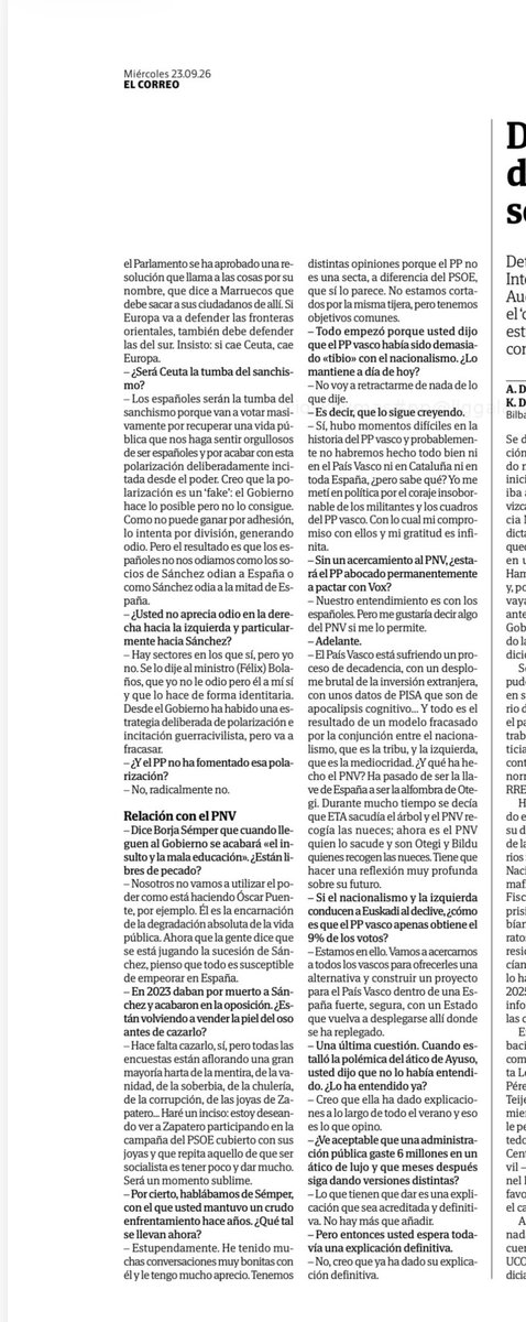 cayetanaAT's tweet photo. Trabajamos para obtener una gran mayoría: aspiro a 176 escaños. 

Antes ETA sacudía el árbol y el PNV recogía las nueces. 
Ahora el PNV sacude el árbol y Bildu recoge las nueces.

El PNV es la matrona de la decadencia vasca. 

Sánchez y Otegi forman una coalición de inmorales.

Sánchez se ha rendido a Marruecos por cobardía, por traición y por motivos que no entiende ni Aitor Esteban.

No me gustan los eufemismos: blindar la frontera significa militarizar Ceuta. 

La polarización es un ‘fake’: los españoles no nos odiamos como los socios de Sánchez odian a España ni como Sánchez odia a la mitad de España. 

Hoy en @elcorreo_com
