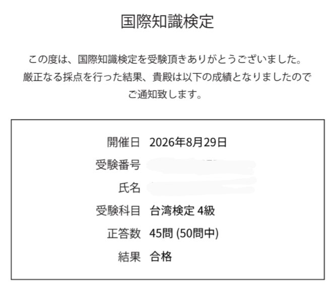 rinjikyoin12's tweet photo. 今回の国際知識検定の結果

国旗と地理１級→不合格
台湾検定５級→合格
台湾検定４級→合格

でした。 https://t.co/usv4Sf4qd4