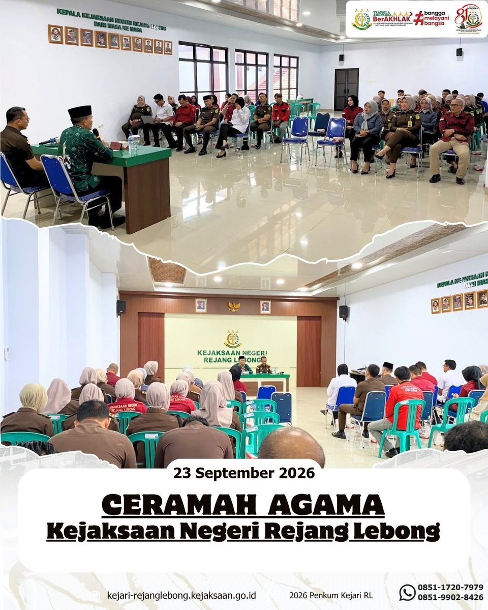 kejariRL's tweet photo. Selasa, 23 September 2026.
Kasubag Pembinaan Bapak, Indra Fierman, S.H Beserta seluruh Pegawai dan Outsorcing Mengikuti Kegiatan Ceramah Agama sebagai Simbol Pendekatan diri Kepada Tuhan YME.
Bertempat di Aula Kejaksaan Negeri Rejang Lebong. https://t.co/t318vbI7c4
