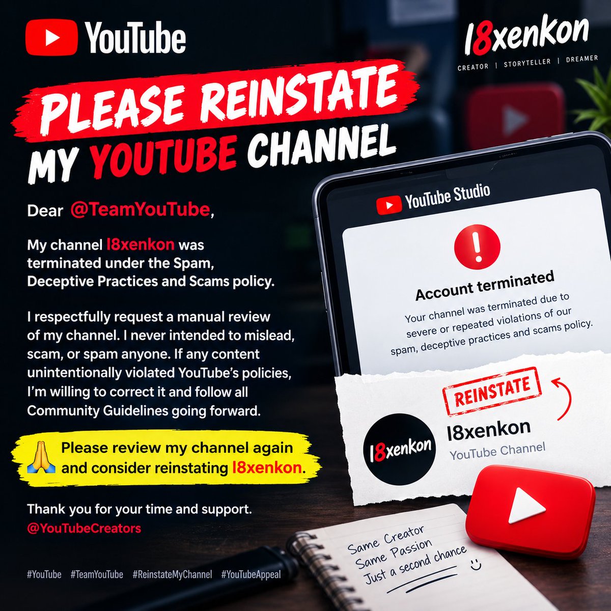 xarryn2's tweet photo. @TeamYouTube  reinstating l8xenkon https://t.co/pD5pzytXJQ