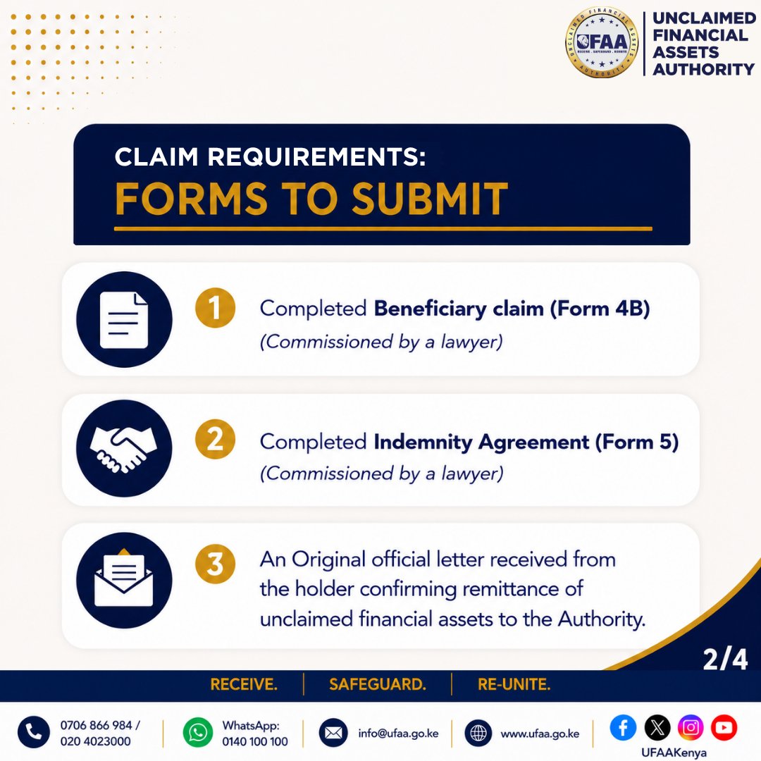UFAAKenya's tweet photo. Claiming unclaimed financial assets on behalf of a deceased loved one doesn’t have to be complicated. Follow this step-by-step guide to understand the process, prepare the necessary documents, and submit your claim.
#ufaa #receivesafeguardreunite #sasakaribunawe https://t.co/oCeVcTNEm2