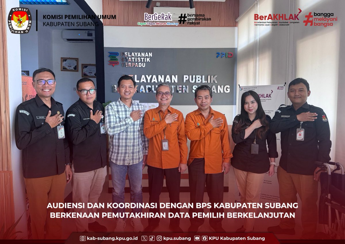 KpuSubang40202's tweet photo. #TemanPemilih, KPU Kabupaten Subang pada Rabu (23/09/2026) melaksanakan audiensi dan koordinasi dengan Badan Pusat Statistik (BPS) Kabupaten Subang dalam rangka pemutakhiran data pemilih berkelanjutan.

@KPU_ID 

#KPUMelayani https://t.co/to9uOeNHTB