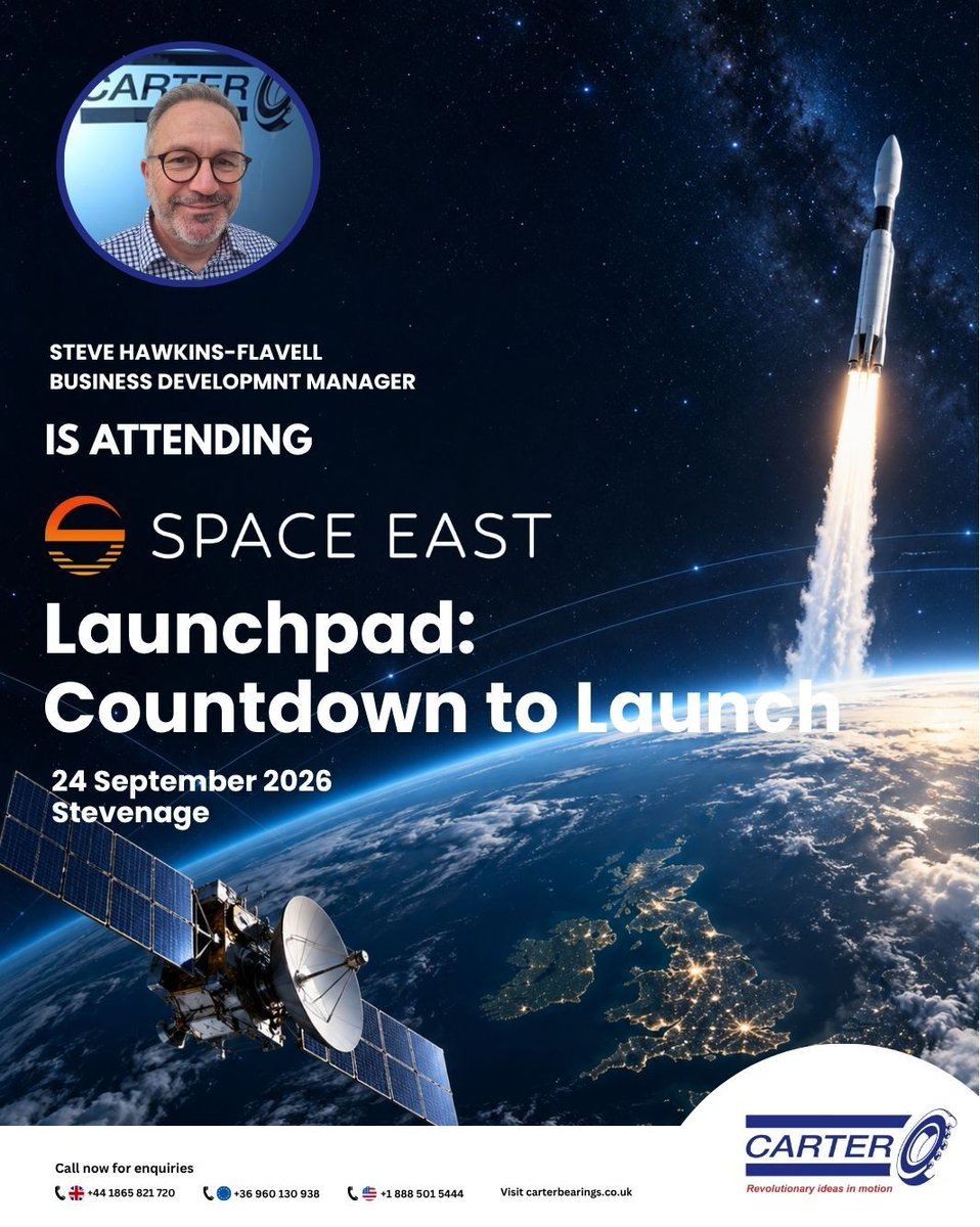 carterbearings's tweet photo. Our Business Development Manager, Steve Hawkins-Flavell, will be attending this Space East event at Airbus Defence and Space in Stevenage.
📅 Thursday 24 September
⏰ 9:30am–1:30pm
📍 Airbus Defence and Space, Stevenage
#SpaceEast #Airbus #UKSpace #SpaceIndustry #Aerospace https://t.co/wT9tHDjeFZ