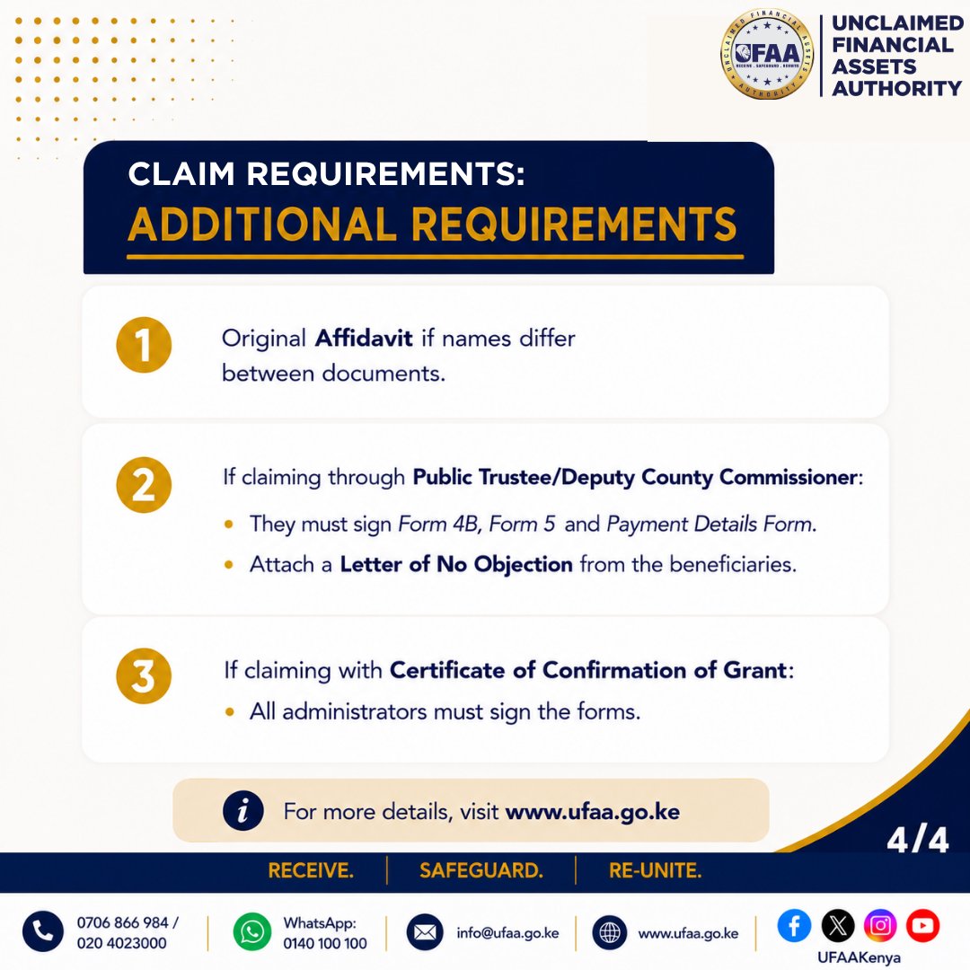 UFAAKenya's tweet photo. Claiming unclaimed financial assets on behalf of a deceased loved one doesn’t have to be complicated. Follow this step-by-step guide to understand the process, prepare the necessary documents, and submit your claim.
#ufaa #receivesafeguardreunite #sasakaribunawe https://t.co/oCeVcTNEm2