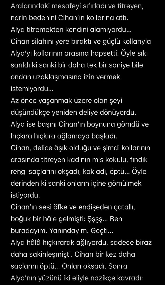 dialoguearchive's tweet photo. @cihalfanfic ❤️‍🔥Cihal fanfic❤️‍🔥 : Git(me)
Bolüm 3- part 3 

..Alya başını Cihan’ın boynuna gömdü ve hıçkıra hıçkıra ağlamaya başladı.
Cihan, delice âşık olduğu ve şimdi kollarının arasında titreyen kadının mis kokulu saçlarını okşadı, kokladı, öptü…  sanki onların içine gömülmek istiyordu… https://t.co/ON2FWd0rP8