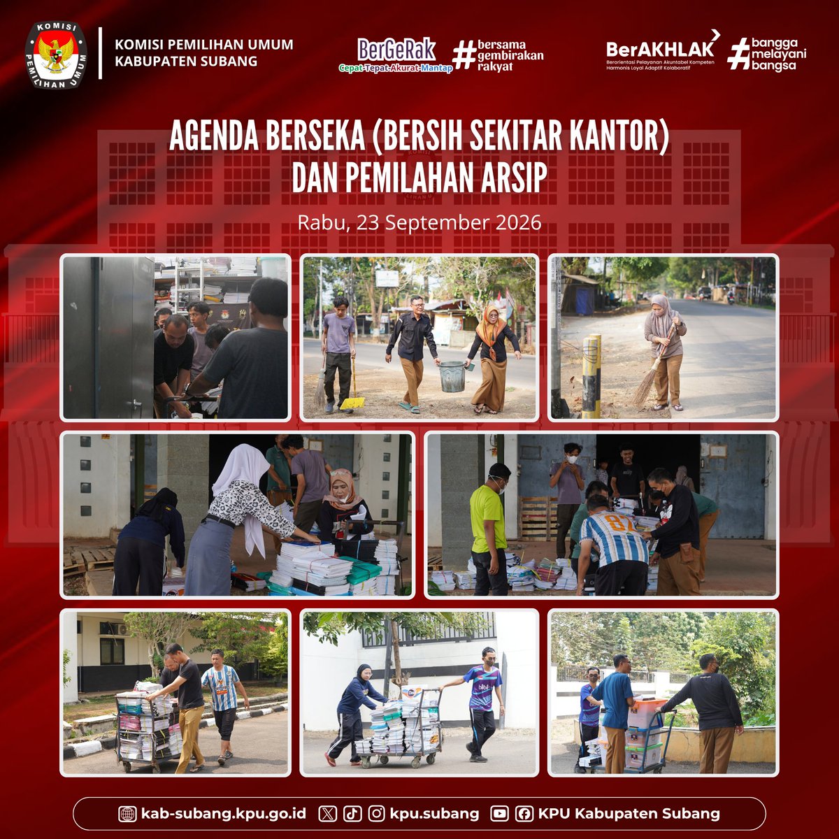KpuSubang40202's tweet photo. #TemanPemilih, KPU Kabupaten Subang melaksanakan kegiatan Berseka (Bersih Sekitar Kantor) dan Pemilahan Arsip pada Rabu (23/09/2026).

@KPU_ID 

#KPUMelayani https://t.co/ybFgdK2se3