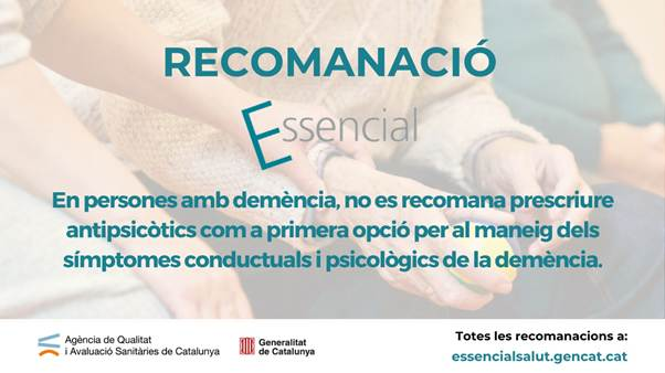 CAMFiC's tweet photo. 📢 Antipsicòtics i símptomes psicològics i conductuals de la demència #EssencialSalut

📌Nova Recomanació Essencial d'@AQuAScat -> En persones amb demència, no es recomana prescriure antipsicòtics com a primera opció per al maneig dels símptomes conductuals i psicològics de la demència.

🔗https://t.co/tGEtFUnGta