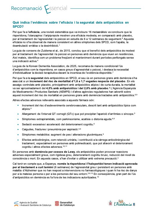 CAMFiC's tweet photo. 📢 Antipsicòtics i símptomes psicològics i conductuals de la demència #EssencialSalut

📌Nova Recomanació Essencial d'@AQuAScat -> En persones amb demència, no es recomana prescriure antipsicòtics com a primera opció per al maneig dels símptomes conductuals i psicològics de la demència.

🔗https://t.co/tGEtFUnGta