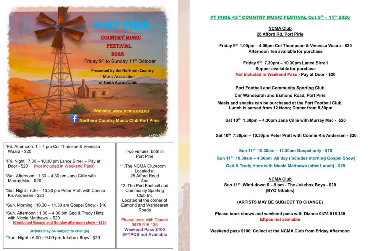 PPRCSA's tweet photo. Dust off your boots and get ready for three days of live country music, dancing and great company!
The Port Pirie Country Music Festival returns from Friday 9 October, with performances and entertainment across two venues.
Information and tickets: 🔗https://t.co/sRdDt9O83q https://t.co/KMwhyUT9kH