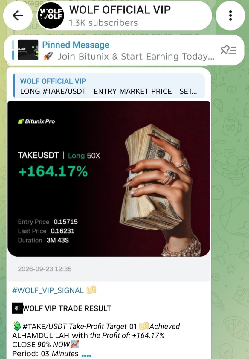 Thewolfcrypto_'s tweet photo. #WOLF_VIP_SIGNAL 👍

👍WOLF VIP TRADE RESULT

💵#TAKE/USDT Take-Profit Target 01 👍Achieved ALHAMDULILAH with the Profit of: +164.17% CLOSE 90% NOW📈
Period: 03 Minutes ⏰👍

👑 @Wolfscalperadmin0 ✅ https://t.co/6cFXIEL3tI