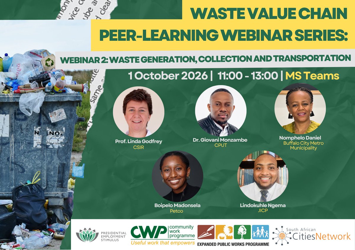 SACitiesNetwork's tweet photo. Webinar 2: How can cities strengthen waste generation, collection &amp; transportation?

🗓️ 1 Oct 
🕰️ 11:00–13:00
💻 MS Teams

Join us as experts and practitioners share valuable lessons learned across the waste value chain.

Register here:  https://t.co/b1Ewgaroiz

#WasteManagement https://t.co/6SgcUGx3JM