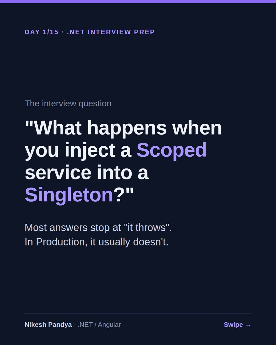 ImNpandya's tweet photo. Day 1/15 · .NET Interview Prep

"What happens when you inject a Scoped service into a Singleton?"

Most people answer "it throws". In Production it usually doesn't.

.NET Core turns on ValidateScopes and ValidateOnBuild only in the Development environment. Everywhere else they are off by default, so the app starts, the tests pass, and the bug ships.

The bug has a name: captive dependency. The singleton is created once and keeps the scoped object for the life of the app. Your "one per request" service is now shared by every request.

With a DbContext, concurrent requests hit an object that isn't thread-safe. With a tenant context in a multi-tenant SaaS, you are close to showing one customer another customer's data.

The fix:
- Make the consumer Scoped, or inject IServiceScopeFactory and create a scope per unit of work
- For EF Core, use IDbContextFactory
- Turn on ValidateOnBuild in CI so it can't sneak back in

Senior bonus: a Transient injected into a Singleton is captured too. The rule is simple: a service should only depend on services that live as long as it does, or longer.

Tomorrow, Day 2: why .Result can deadlock, and when ConfigureAwait(false) actually matters.

#dotnet #csharp