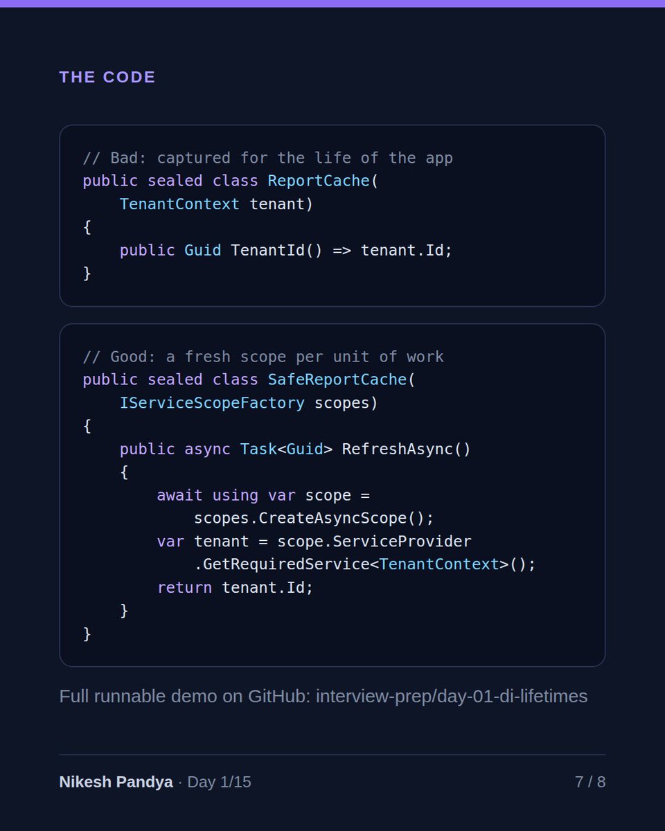 ImNpandya's tweet photo. Day 1/15 · .NET Interview Prep

"What happens when you inject a Scoped service into a Singleton?"

Most people answer "it throws". In Production it usually doesn't.

.NET Core turns on ValidateScopes and ValidateOnBuild only in the Development environment. Everywhere else they are off by default, so the app starts, the tests pass, and the bug ships.

The bug has a name: captive dependency. The singleton is created once and keeps the scoped object for the life of the app. Your "one per request" service is now shared by every request.

With a DbContext, concurrent requests hit an object that isn't thread-safe. With a tenant context in a multi-tenant SaaS, you are close to showing one customer another customer's data.

The fix:
- Make the consumer Scoped, or inject IServiceScopeFactory and create a scope per unit of work
- For EF Core, use IDbContextFactory
- Turn on ValidateOnBuild in CI so it can't sneak back in

Senior bonus: a Transient injected into a Singleton is captured too. The rule is simple: a service should only depend on services that live as long as it does, or longer.

Tomorrow, Day 2: why .Result can deadlock, and when ConfigureAwait(false) actually matters.

#dotnet #csharp