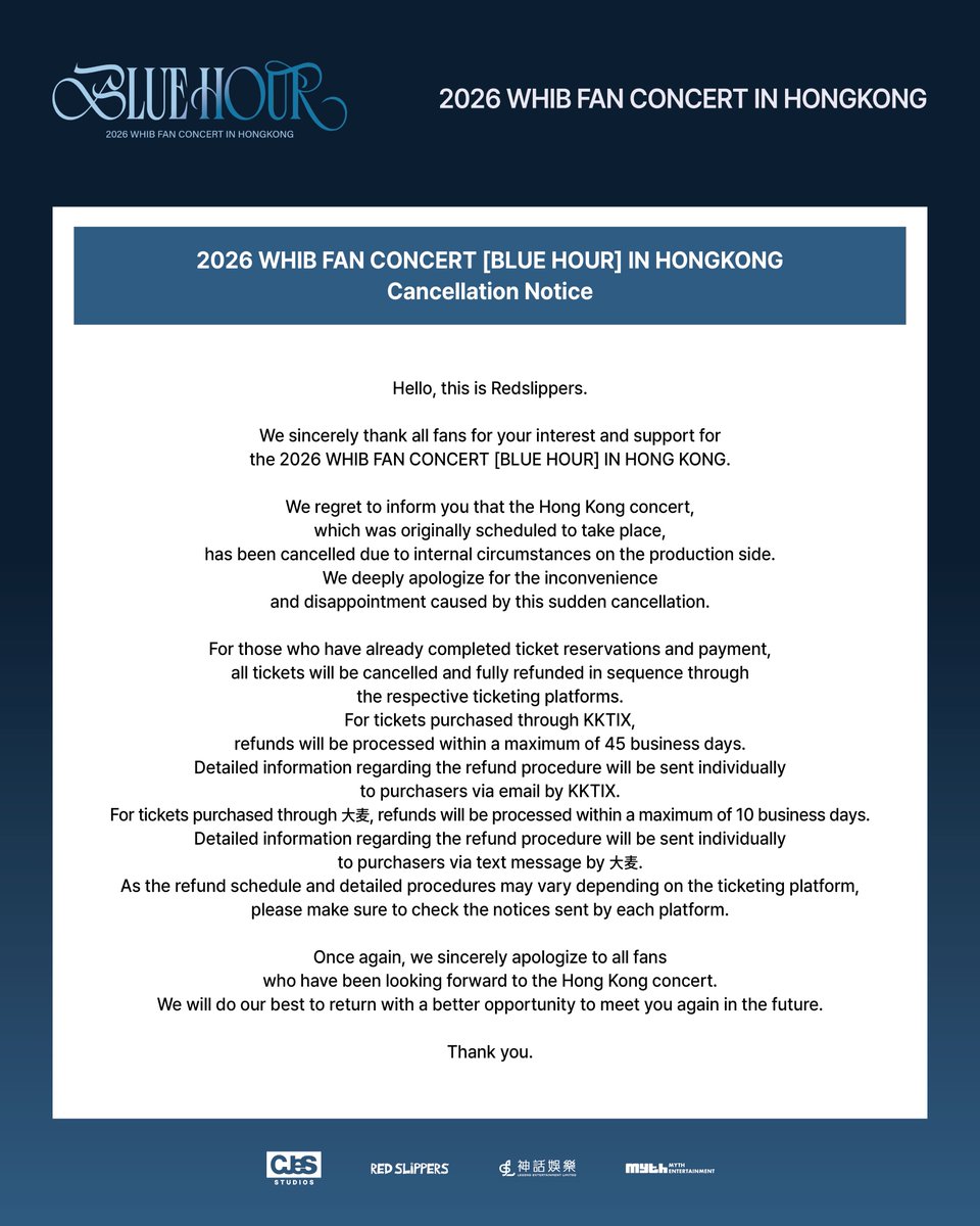 redslippers_KR's tweet photo. [📢] #WHIB #휘브
2026 WHIB FAN CONCERT [BLUE HOUR] IN HONGKONG

演出取消公告 | Notice of Performance Cancellation

#WHIB_FAN_CONCERT_IN_HONGKONG
#BLUE_HOUR
#Redslippers https://t.co/aaLpfWxynW