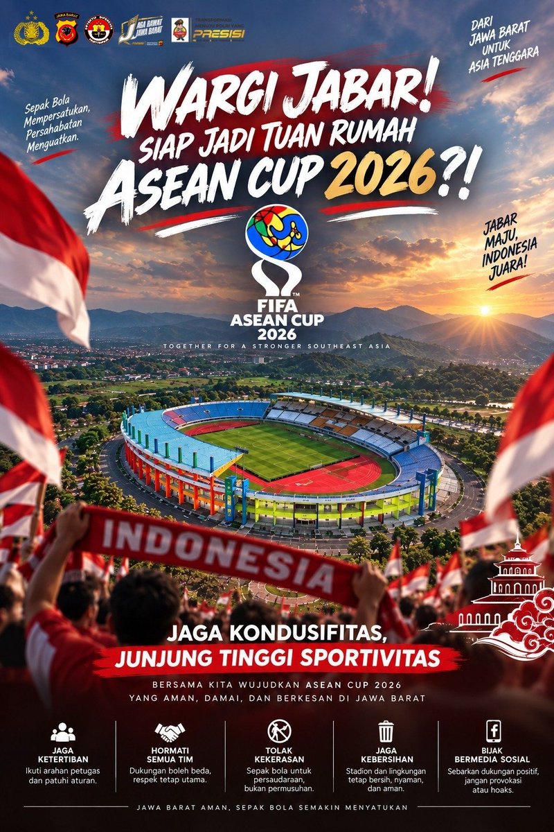 polsek_utbar's tweet photo. Wargi Jabar, siap dukung semarak ASEAN Cup 2026! 🇮🇩⚽

Mari bersama menjaga kondusivitas dan menjunjung tinggi sportivitas dalam setiap pertandingan. Dukung Timnas Indonesia dengan semangat positif, hormati sesama suporter, https://t.co/8QffEPvFpH