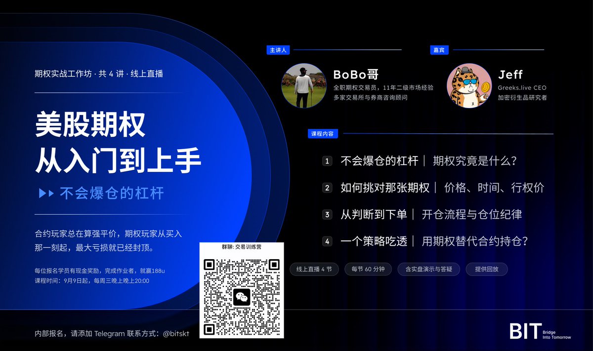 BITstocks_CN's tweet photo. 📈 今晚 20:00｜美股期权实战工作坊 · 第 3 讲
期权怎么下单、下多少、什么时候止损？

⏰ 今晚期权课堂主题：
从判断到下单｜开仓流程与仓位纪律

🎙 主讲 BoBo哥 — 全职期权交易员，11 年二级市场经验
🎙 嘉宾 Jeff — https://t.co/sX3RfTdUSi CEO，加密衍生品研究者

✅ 60 分钟　✅ 含实盘演示与答疑　✅ 提供回放
🎁 关注 + 转发 + 点赞 + 评论，抽 5 位每人 10U

立即参与投资👇
https://t.co/sis02h1NCX

*展出内容为投教内容，不构成投资建议

#BIT