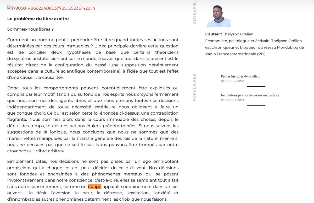 french_report78's tweet photo. 🔴📚 DEBUNK | Il semblerait que l’écrivain Thélyson Orélien soit en effet coutumier des "reprises de textes", sans en citer l’origine.

Mêmes raisonnements, mêmes exemples, même ordre et, dans plusieurs cas, des passages anglais traduits (parfois maladroitement) presque mot à mot.

Voici 10 articles qui posent question :

« Sommes-nous aussi libres que nous le pensons ? » — 25 mai 2013, Mondoblog/RFI
→ Pablo Saborío, The Problem of Free Will (2008)

« Il nous faut beaucoup d’imagination pour affronter une révolution » — 27 janvier 2013, Mondoblog/RFI
→ Alvin Toffler, Future Shock (1970)

« Jusqu’à ce que la vie nous sépare » — 19 août 2013, Mondoblog/RFI
→ Alvin Toffler, Future Shock (1970)

« Le reflet d’un système de valeurs » — 1er juillet 2014, Mondoblog/RFI
→ Alvin Toffler, Future Shock (1970)

« L’économie de l’éphémère » — 27 décembre 2012, Mondoblog/RFI
→ Alvin Toffler, Future Shock (1970)

« Les îles des Caraïbes culturellement et linguistiquement fragmentées » — 14 octobre 2013, Mondoblog/RFI et Le Matin
→ notice anglophone Caribbean Literature, Britannica

« Mo Yan : celui qui ne parle pas » — 11 octobre 2012, Mondoblog/RFI
→ article anglophone publié le même jour, notamment dans The Guardian

« Tous les conflits deviennent mondiaux » — 10 décembre 2012, Mondoblog/RFI
→ Gene H. Hogberg, The United Nations at 40 (1985)

« Le Nouveau Cycle » — 3 octobre 2012, Mondoblog/RFI
→ Georges Ribemont-Dessaignes, Déjà jadis (1958)

« Le prochain pape devrait être plus jeune » — 15 février 2013, Mondoblog/RFI
→ éditorial de The Hindu publié deux jours plus tôt

Le cas Toffler est assez intéressant : quatre articles différents d'Orélien semblent être rédigés à partir de quatre passages différents de "Future Shock".

Vous en avez repérés d'autres ?