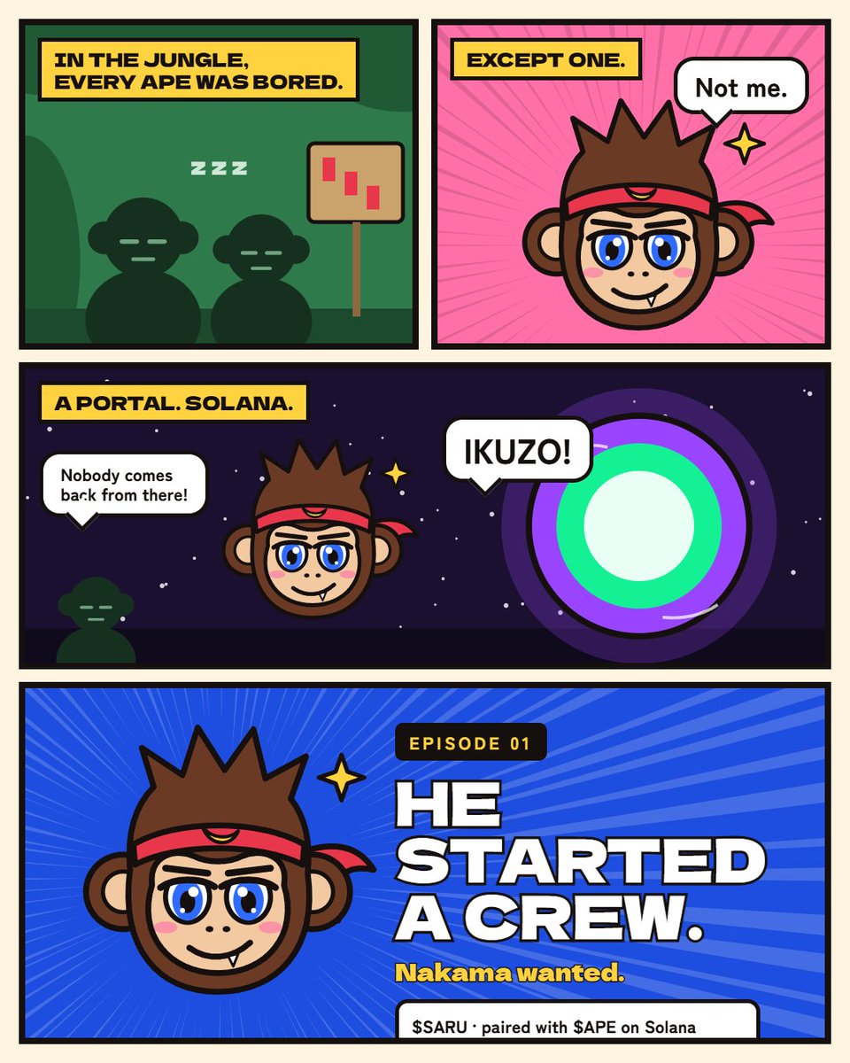 SaruOnApe's tweet photo. Episode 01 — サル

In the jungle, every ape was bored.
Same vines. Same bananas. Same charts going down.

Except one.

A small ape named Saru tied a red headband, packed his last banana and a bag of $APE, and walked to the edge of the world. https://t.co/r1hsYGWUj1