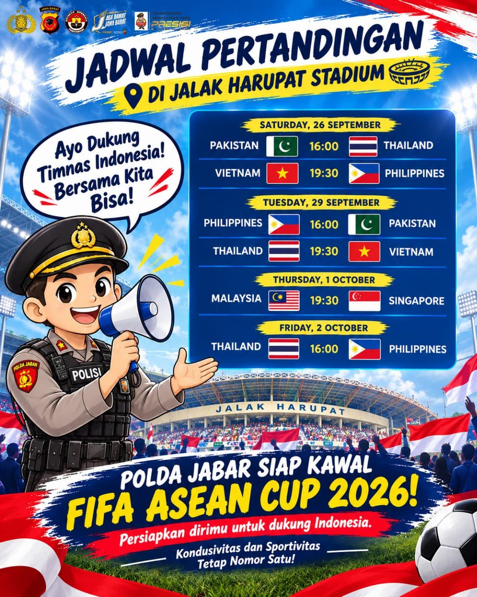 polsek_utbar's tweet photo. Jadwal pertandingan FIFA ASEAN Cup 2026 di Jalak Harupat Stadium siap memeriahkan semangat sepak bola! Saksikan dan dukung tim-tim terbaik Asia Tenggara dalam rangkaian pertandingan yang berlangsung mulai 26 September hingga 2 Oktober 2026. https://t.co/QsksSDUW3W