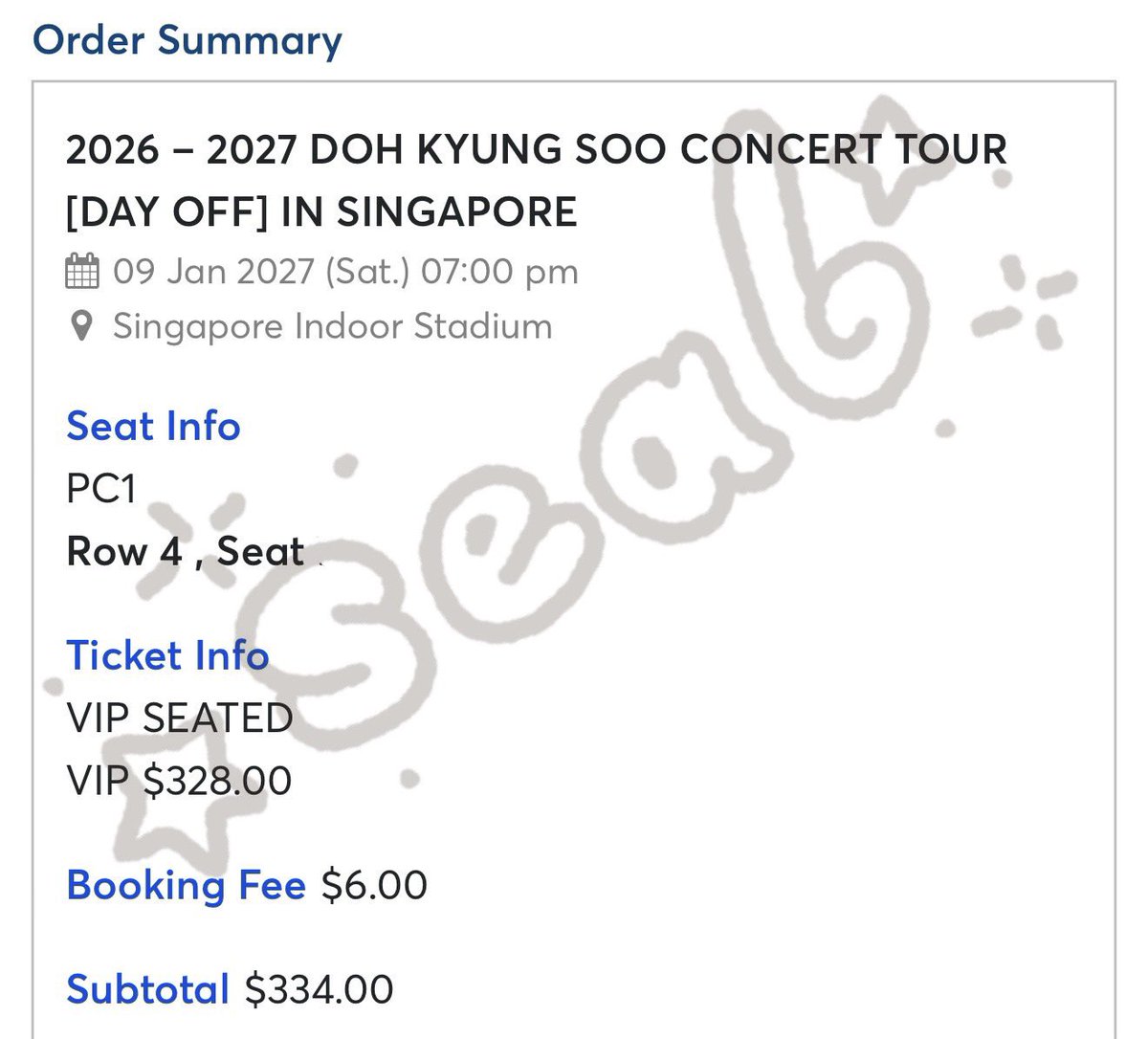 sealsellgoods's tweet photo. wts/ ต้องการขาย 2026-2027,DOH KYUNGSOO CONCERT TOUR [DAY OFF] IN SINGAPORE 

VIP PC 1 ROW 4 (Original Price) ราคาเท่าที่ตัดบัตรค่ะ 🙇🏻‍♀️

#ตลาดนัดEXO #DayOffinSingapore #dohkyungsoo https://t.co/4ydg12Up0a