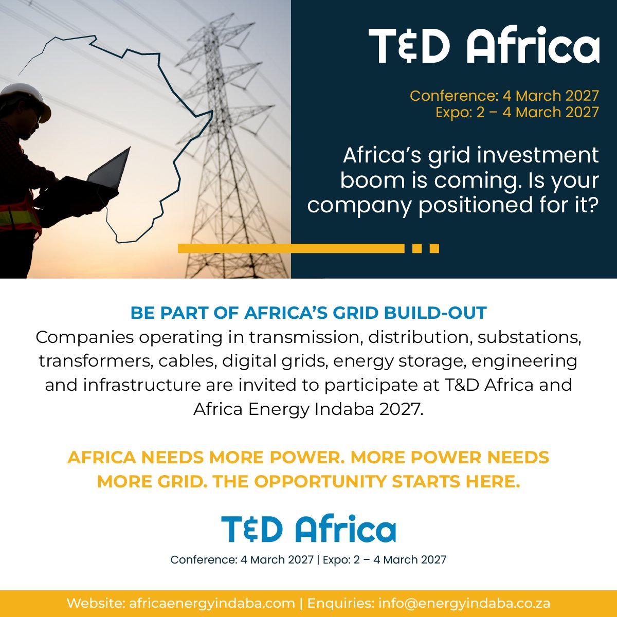 EnergyIndaba's tweet photo. Africa’s energy transition depends on one critical foundation: a stronger, smarter and more connected power grid.

Cape Town | 2–4 March 2027
Join us at Africa Energy Indaba 2027:
https://t.co/sX0Fcbkl0f

#EnergyIndaba #TDAfrica #EnergyTransition #PoweringAfrica #AfricanEnergy https://t.co/K93BIhMsni