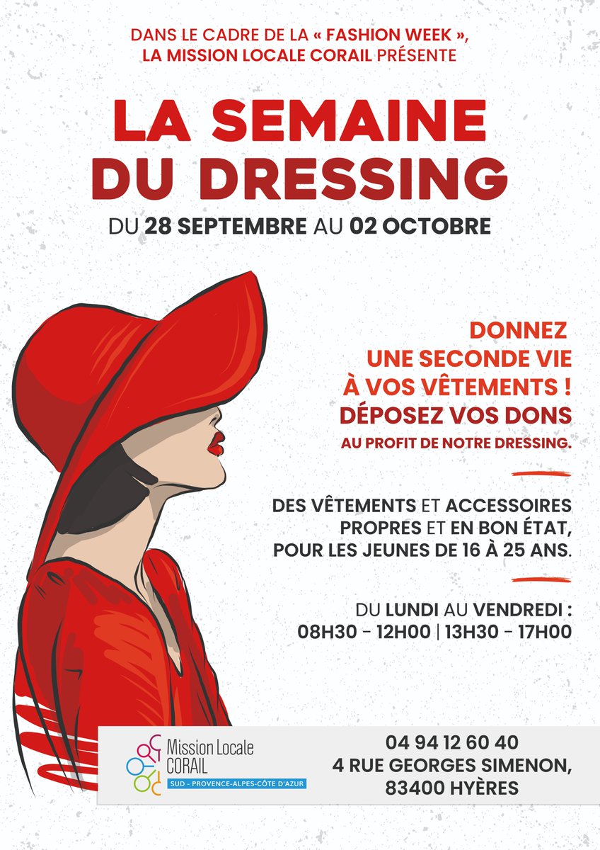 mlcorail's tweet photo. 👗 Semaine du Dressing avec la @mlcorail ! 👕

Du 28/09 au 02/10, donnez une 2ème vie à vos vêtements &amp; accessoires propres pour soutenir les jeunes de 16-25 ans. 💚

📍 Centre Europe Le Palatin, Hyères 
🕣 08h30-12h00 | 13h30-17h00

#SemaineDuDressing #Solidarité #Hyères https://t.co/B9fgs4lHvo