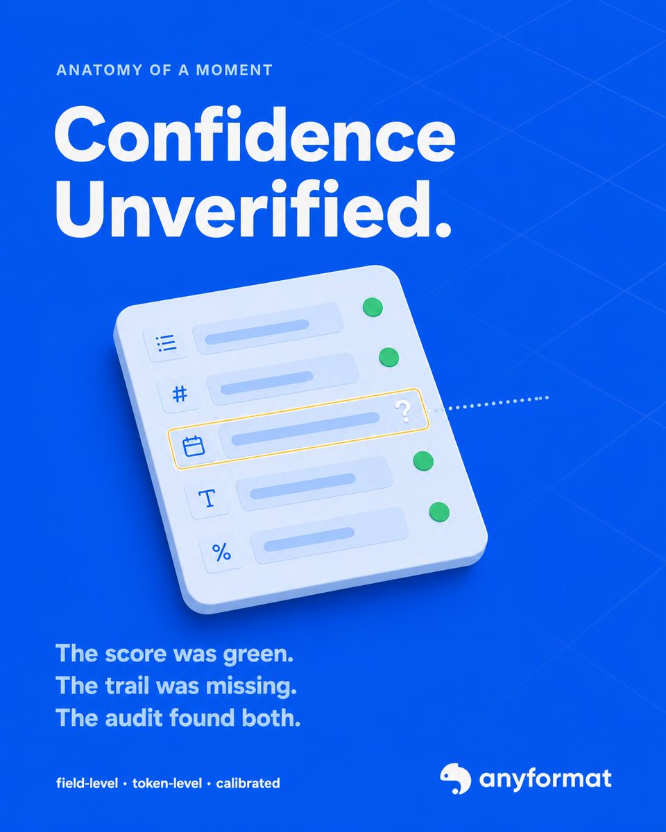 anyformat's tweet photo. The extraction looked fine. The confidence score said so.

Then the audit hit and nobody could explain where the number came from.

A 90% score means nothing unless 90% of those predictions are actually correct, and you can trace each one to its source. https://t.co/dD3SY0IzcW