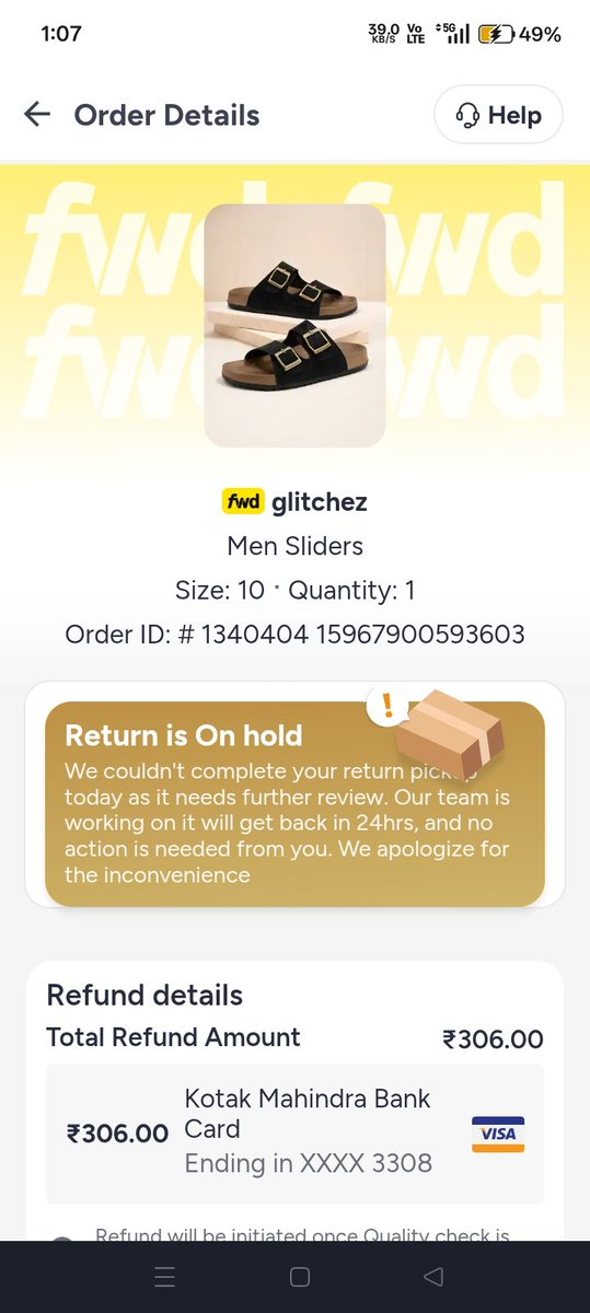 mr____arif048's tweet photo. Dear Myntra, I ordered these Order ID: # 1340404 15967900593603 from your app, but I received them in a damaged condition. I placed a return request, but the status has been showing as 'on hold' for over a week now. Please arrange for the pickup the order.@myntra @MyntraSupport https://t.co/k93UysHZjk