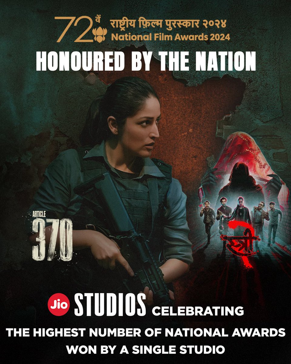 jiostudios's tweet photo. Four National Awards. One landmark moment. 

Jio Studios celebrates an extraordinary achievement at the 72nd National Film Awards.

Congratulations to all the winners. A celebration of exceptional stories, performances and the people who bring them to life.

#JyotiDeshpande @AdityaDharFilms @yamigautam @LokeshDharB62 @AdityaSJambhale @shashwatology @VijayGanguly @B62Studios @MaddockFilms 

#JioStudios #72ndNationalFilmAwards #NationalFilmAwards #Article370 #Stree2