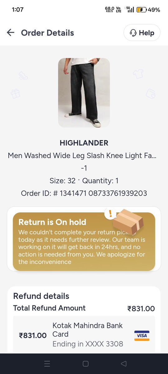 mr____arif048's tweet photo. Dear Myntra, I ordered these pants from your app, but I received them in a damaged condition. I placed a return request, but the status has been showing as 'on hold' for over a week now. Please arrange for the pickup Order ID: # 1341471 08733761939203 https://t.co/E9s8ZV8dV9