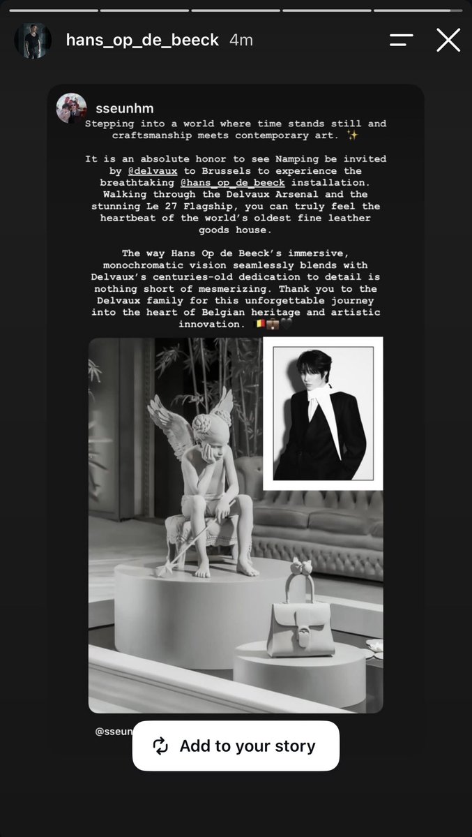 sseunhm's tweet photo. นี่ไปพิสูจน์มาละว่าคุณ Hans Op de Beeck เขาชอบการเอ่ยถึงแบบไหน นี่ลองแท็กไป 2 สตอรี่ 2 แบบ

แบบแรก : กล่าวถึง artist อย่างเดียว
แบบที่สอง : กล่าวถึง artist + เอ่ยถึงงานศิลปะของเขาด้วย

✅✨ แน่นอนว่าเขารับสตอรี่แบบที่ 2 นะ

ด้วย Keyword “The way Hans Op de Beeck’s immersive, monochromatic vision seamlessly blends with Delvaux’s centuries-old dedication to detail is nothing short of mesmerizing” 

〽️ แสดงให้เห็นว่าการพยายามสื่อสารถึงงานศิลปะที่เขาตั้งใจถ่ายทอดออกมา ควบคู่ไปกับการเมนชั่นถึงน้องน้ำปิงนั้นค่อนข้างเวิคมาก ๆ ที่จะได้รับ interact กลับจากแบรนด์หรือศิลปิน เพราะแสดงให้เห็นว่าเรามีการ research งานนิทรรศการจริง ซึ่งแน่นอนว่าคนเป็น artist ชอบอ่านอะไรแบบนี้มาก ๆ และส่วนตัวมองว่าเป็นการให้เกียรติคนทำงานในทุก ๆ ฝ่ายที่เกี่ยวข้องด้วย 🤍