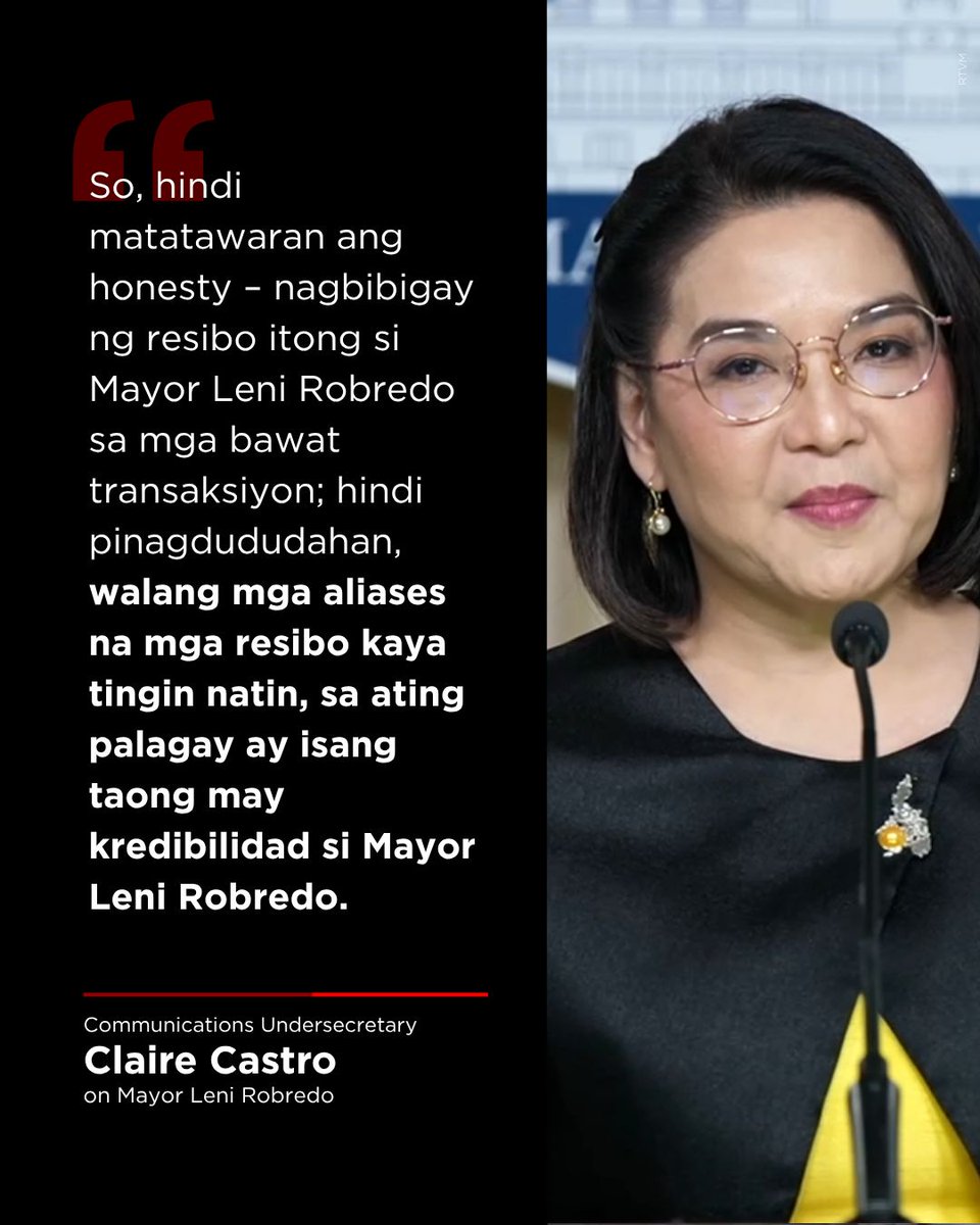 newswatchplusph's tweet photo. PALACE: ISANG TAONG MAY KREDIBILIDAD SI MAYOR LENI 

Communications Undersecretary Claire Castro says former Vice President now Naga Mayor Leni Robredo has the track record of transparency and honesty.

Castro made the description in defending the ₱500-million grant to Naga City amid criticisms from Caloocan Rep. Egay Erice.

The Palace official adds that Robredo was not involved in questionable transactions including receipts with aliases. | @TristanNodalo