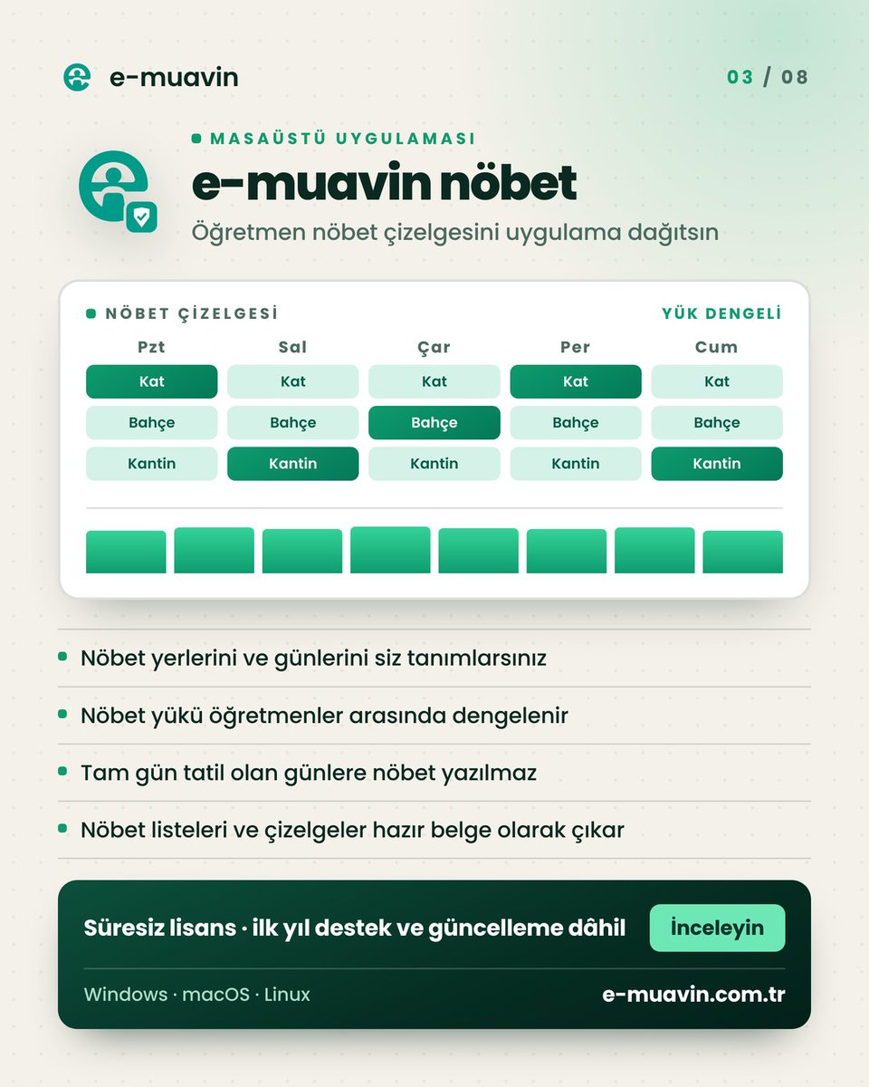 e_muavin's tweet photo. Okulun her işi için bir uygulama. Sekiz kare, sekiz ayrı iş. 👉

**e-muavin bulut** — ders programından maaşa, nöbetten satın almaya okulun idari işlerini tek hesapta toplar. 23 modül; okuldan, evden, telefondan aynı hesapla girersiniz. Yıllık abonelik, kullanıcı sayısı sınırsız. https://t.co/alf6nLSPoy