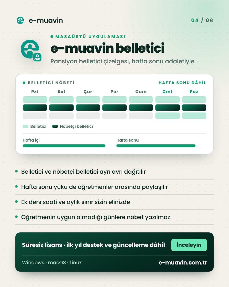 e_muavin's tweet photo. Okulun her işi için bir uygulama. Sekiz kare, sekiz ayrı iş. 👉

**e-muavin bulut** — ders programından maaşa, nöbetten satın almaya okulun idari işlerini tek hesapta toplar. 23 modül; okuldan, evden, telefondan aynı hesapla girersiniz. Yıllık abonelik, kullanıcı sayısı sınırsız. https://t.co/alf6nLSPoy