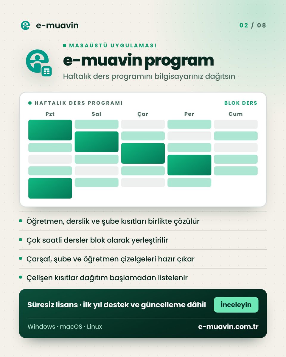 e_muavin's tweet photo. Okulun her işi için bir uygulama. Sekiz kare, sekiz ayrı iş. 👉

**e-muavin bulut** — ders programından maaşa, nöbetten satın almaya okulun idari işlerini tek hesapta toplar. 23 modül; okuldan, evden, telefondan aynı hesapla girersiniz. Yıllık abonelik, kullanıcı sayısı sınırsız. https://t.co/alf6nLSPoy