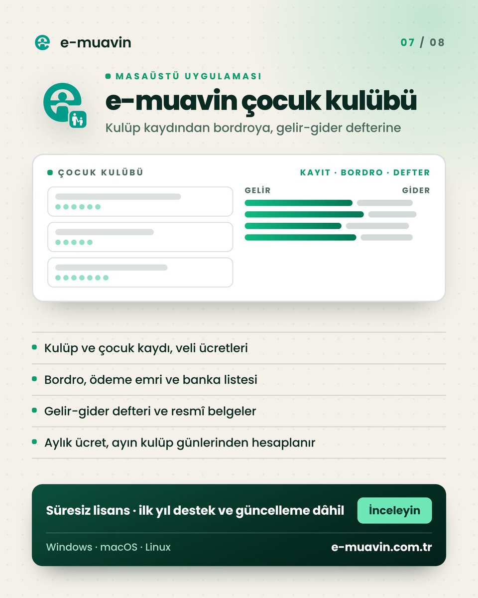 e_muavin's tweet photo. **Yedi masaüstü uygulaması** — her biri tek işi bitirir ve bilgisayarınıza kurulur: program · nöbet · belletici · yolluk · maaş · çocuk kulübü · kütüphane. Lisans süresizdir, ilk yıl destek ve güncelleme fiyata dâhildir, verileriniz yalnızca kullandığınız bilgisayarda kalır. https://t.co/0CdZGnHvRC
