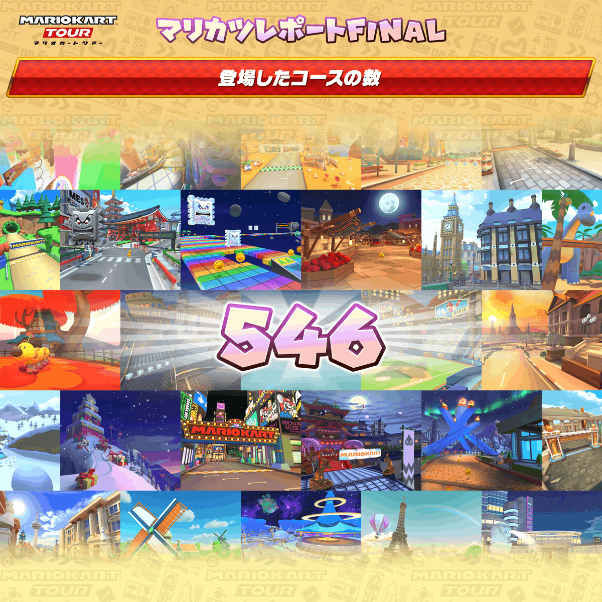 mariokarttourJP's tweet photo. 【 #マリカツレポート FINAL】
今回はこちら！
「レースの合計走行距離」
「登場したコースの数」
「平均ポイントが高かったコースTOP20」
次回は様々な数に関するレポートを公開！ https://t.co/nGjLwQjwLU