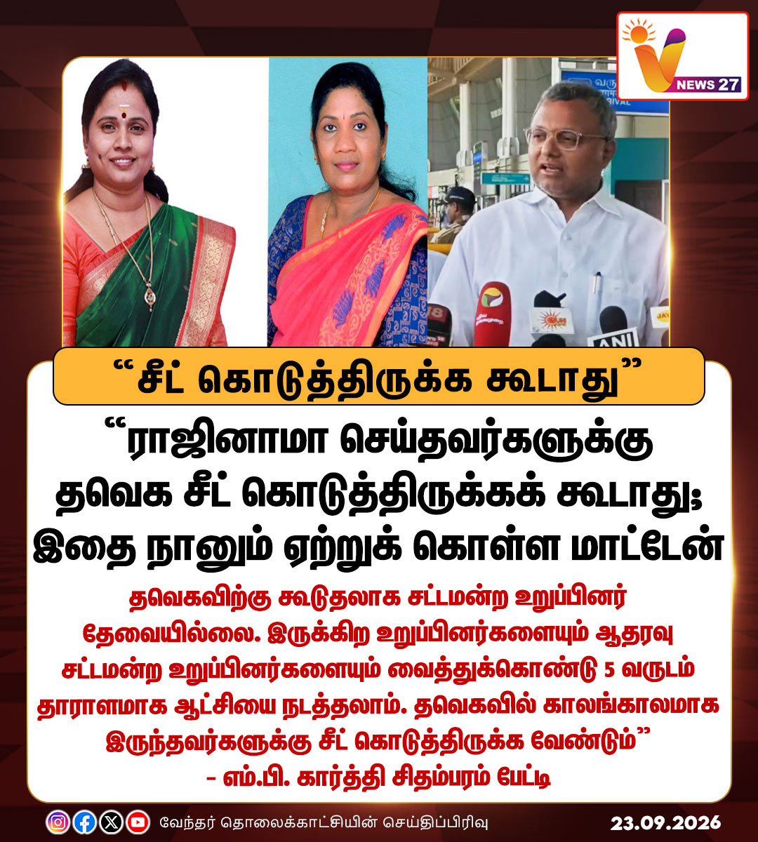 vnews27's tweet photo. ராஜினாமா செய்தவர்களுக்கு தவெக சீட் கொடுத்திருக்க கூடாது
- எம்.பி. கார்த்தி சிதம்பரம் பேட்டி
#Kartichidambaram | #Congress | #TVK | #MLAresign | #VNews27 https://t.co/JA1PWFKuUI