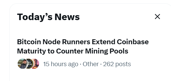 GregTonoski's tweet photo. Good news from Twitter today: "Bitcoin Node Runners Extend Coinbase Maturity to Counter Mining Pools". https://t.co/QMxFxD1Swa