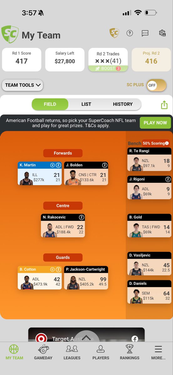 theboysb0's tweet photo. Think this will be me heading into round 2. The Flynn injury ruined my plans. Keeping PJC for the money &amp; double next week. Could I have done better? 

#NBL27 #NBLSuperCoach https://t.co/STRcVjFmOv