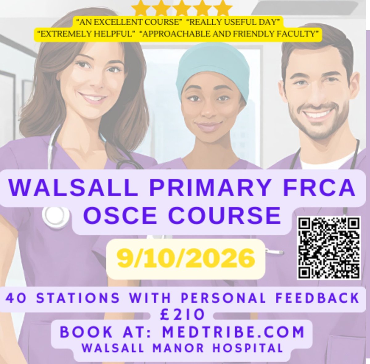 WalsallMLCC's tweet photo. Planning to sit the #PrimaryFRCA #OSCE in November? 🤔 Not sure how to tackle prep? 🚀 Join our highly rated course for expert tips, tricks &amp; 2 full mock circuits
📅 Friday 9th October
👉 https://t.co/j5eoKnllDB 💉#FRCA #Anaesthetics @WalsallHcareNHS @Anaes_Residents https://t.co/pagMWgg82A
