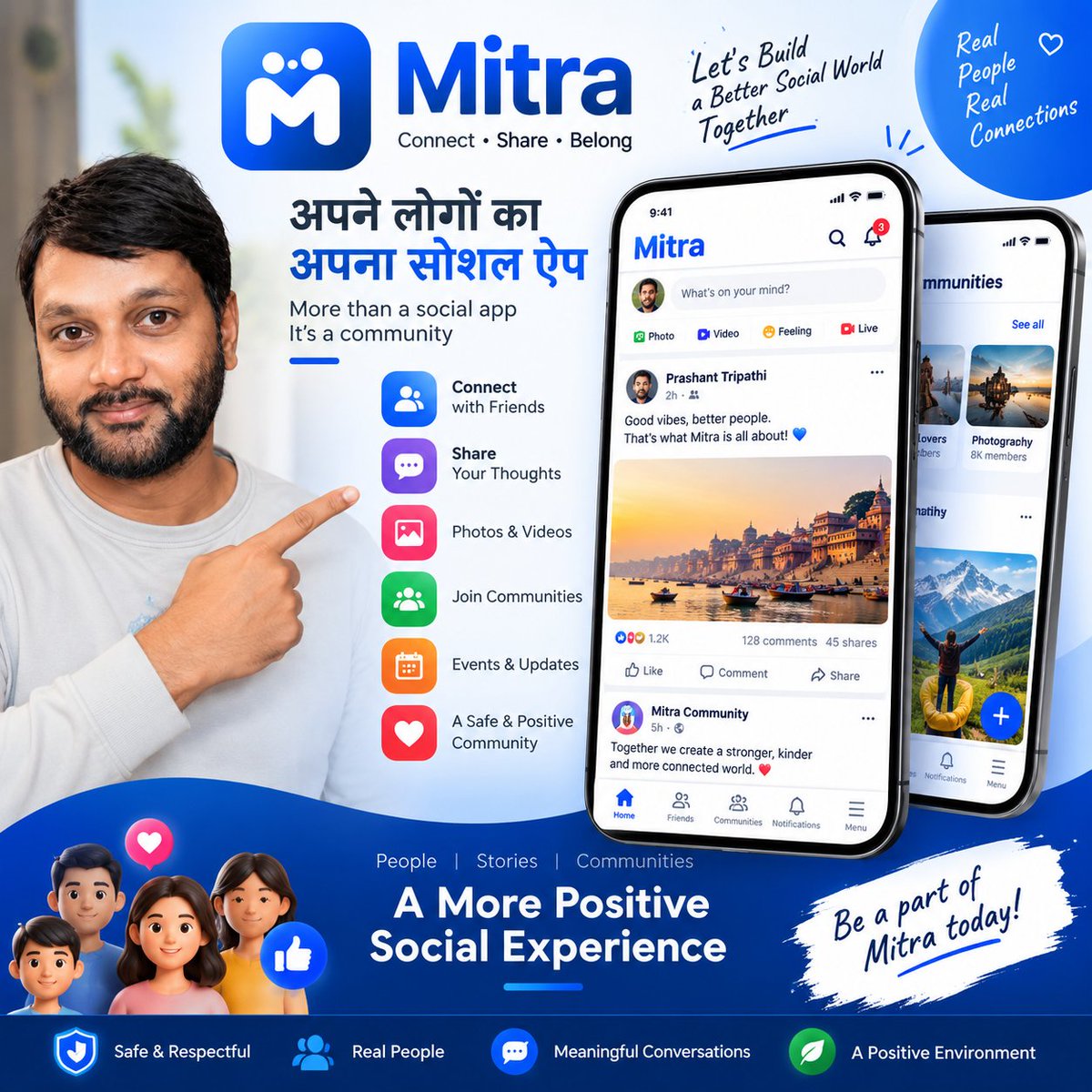 PrashantCodes01's tweet photo. Introducing Mitra — a new social app I’m building!
A place to connect, share, discover & build meaningful communities. 🤝💙
📱 Friends & connections
💬 Share your thoughts
📸 Photos & videos
🌍 Communities
❤️ A more positive social experience
This is just the beginning… Mitra is being built step by step. 
Would you join a new social platform built for real people and real connections?
#Mitra #SocialMedia #SocialApp #MadeInIndia #IndianStartup #BuildInPublic #Tech #AppDevelopment