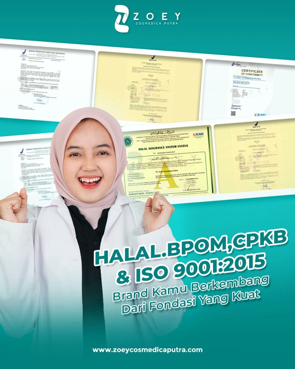 HubertHofmwkm's tweet photo. Before choosing a contract manufacturer, make sure everything is legal and transparent. Strong brands are built on solid foundations, not just attractive packaging. PT Zoey Cosmedica Putra is licensed and certified with HALAL, BPOM, CPKB, and ISO https://t.co/i3YwT1VL6m