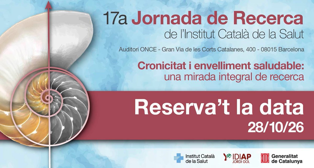 icscat's tweet photo. 🔎 Vols venir a la 17a jornada de Recerca de l'Institut Català de la Salut?

📆 28 d'octubre a l'Auditori ONCE (Barcelona)

L'@IDIAPJGol acull aquesta jornada sota el lema "Cronicitat i envelliment saludable: una mirada integral de recerca". Durant la trobada també es faran públics els noms de les guanyadores i guanyadors de la convocatòria 2026 dels diferents Premis de Recerca de l’ICS.

📄 Programa i inscripcions: https://t.co/CBJURdaImp

@irbcatsud @idibell_cat @idibgi @VHIR_ @GTRecerca @IRBLleida_Info