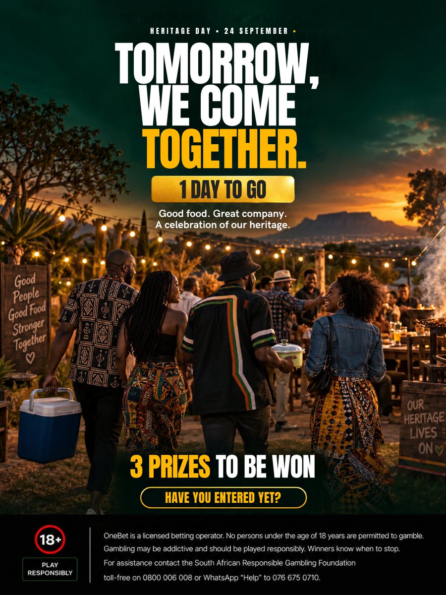 OneBet_SA's tweet photo. 🇿🇦 TOMORROW, WE COME TOGETHER!

Just 1 DAY TO GO until Heritage Day! 🔥

Tomorrow is all about celebrating our roots, sharing good food, and making memories with the people who matter most. And what’s a Heritage Day celebration without a proper braai, Mzansi? 👀

OneBet SA is celebrating with 3 PRIZES TO BE WON!

🏆 HERE’S WHAT’S UP FOR GRABS:

🥇 1st Prize — The Ultimate Braai Feast
A premium meat package voucher to bring your Heritage Day celebration to life.

🥈 2nd Prize — The Braai Essentials
A Weber braai, complete with wood & Blitz for the perfect Heritage Day gathering.

🥉 3rd Prize — The Celebration Cooler
A stylish cooler box with a surprise prize waiting inside. 🎁

🔥 HOW TO ENTER:

1️⃣ Follow @onebet_sa on Instagram.
2️⃣ Tag 3 friends you’d love to braai with in the comments of our official Heritage Day promo Reel.
3️⃣ Share the promo Reel to your Instagram Story and tag @onebet_sa.

📲 Head to our official promo Reel to enter! Entries must be made on the promo Reel, not under this countdown post.

💬 Who’s bringing the meat, who’s handling the fire, and who’s just showing up to eat? 😂👇

T&Cs apply. 18+.

#OneBetSA #HeritageDay2026 #HeritageDaySA #ProudlySouthAfrican #Mzansi #BraaiDay #HeritageDayCompetition #SouthAfricanHeritage #BraaiWithFriends #CelebrateYourHeritage

Responsible gambling disclaimer:
OneBet is a licensed betting operator. No persons under the age of 18 years are permitted to gamble. Gambling may be addictive and should be played responsibly. Winners know when to stop. For assistance, contact the South African Responsible Gambling Foundation toll-free on 0800 006 008 or WhatsApp "Help" to 076 675 0710.

Entertainment only. 18+ | Licensed by the WCGRB.